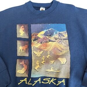 VTG Fruit of the Loom Alaska Graphic Sweatshirt‎ Blue Crewneck Wildlife Size M
